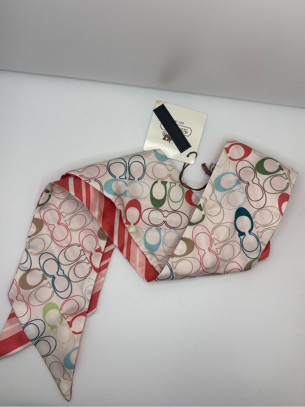 Coach Multicolor Signature Print Silk Twilly with Red Trim